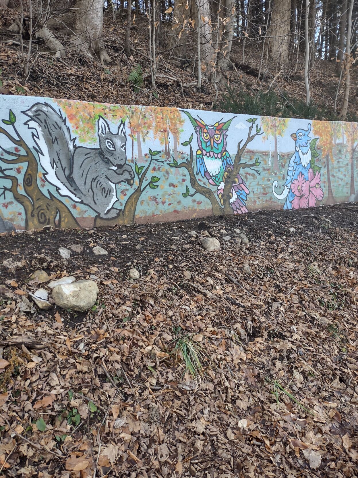 Berkshire wildlife painted on concrete retaining wall along Rt. 8 in Cheshire